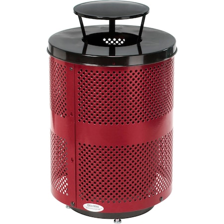 Global Industrial Outdoor Perforated Steel Trash Can W/Rain Bonnet Lid & Base, 36 Gallon, Red 261927RDD